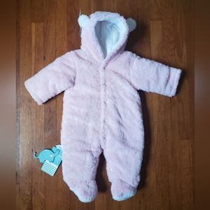 baby girl cute warm soft pastel pink sherpa plush hooded bear jumsuit footie